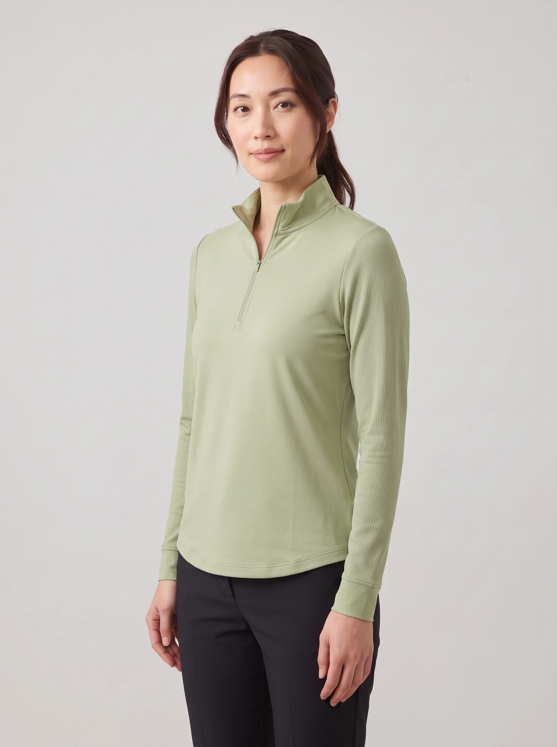 Pistachio Rib Sleeve Midlayer, women zip tops & midlayers, side view