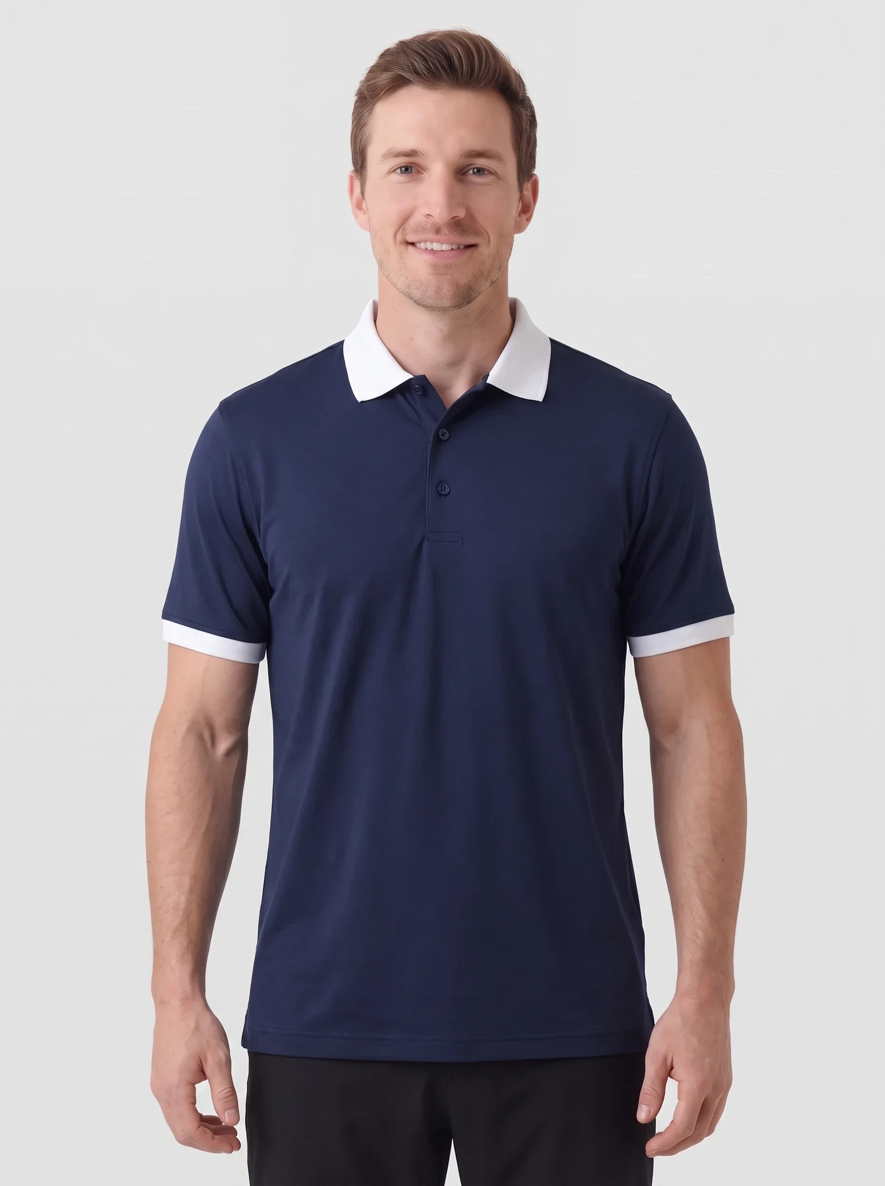 Navy Contrast Collar Polo, men solid polos, front view