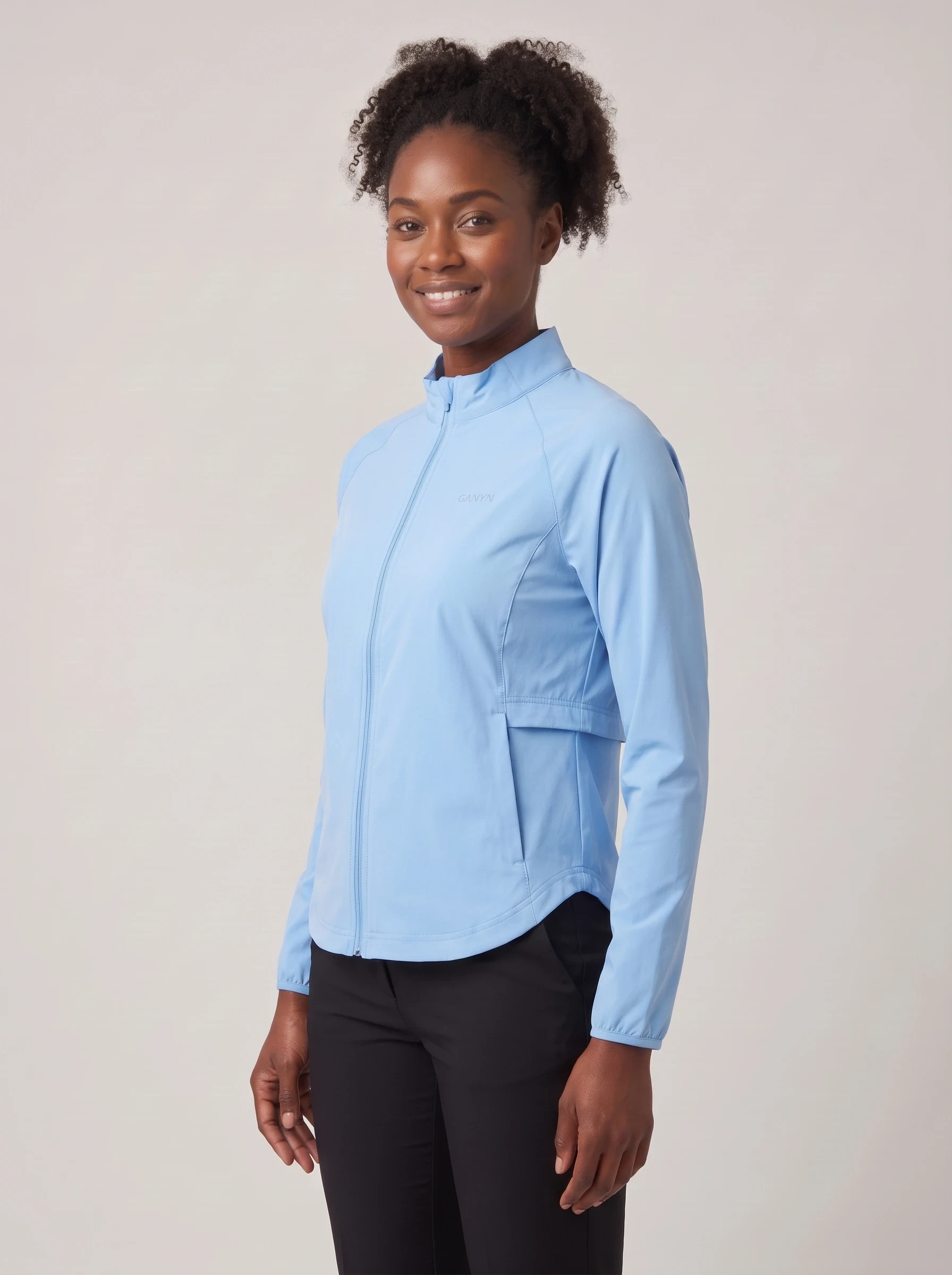 Sky Blue Cape Back Golf Shell, women outerwear, side view