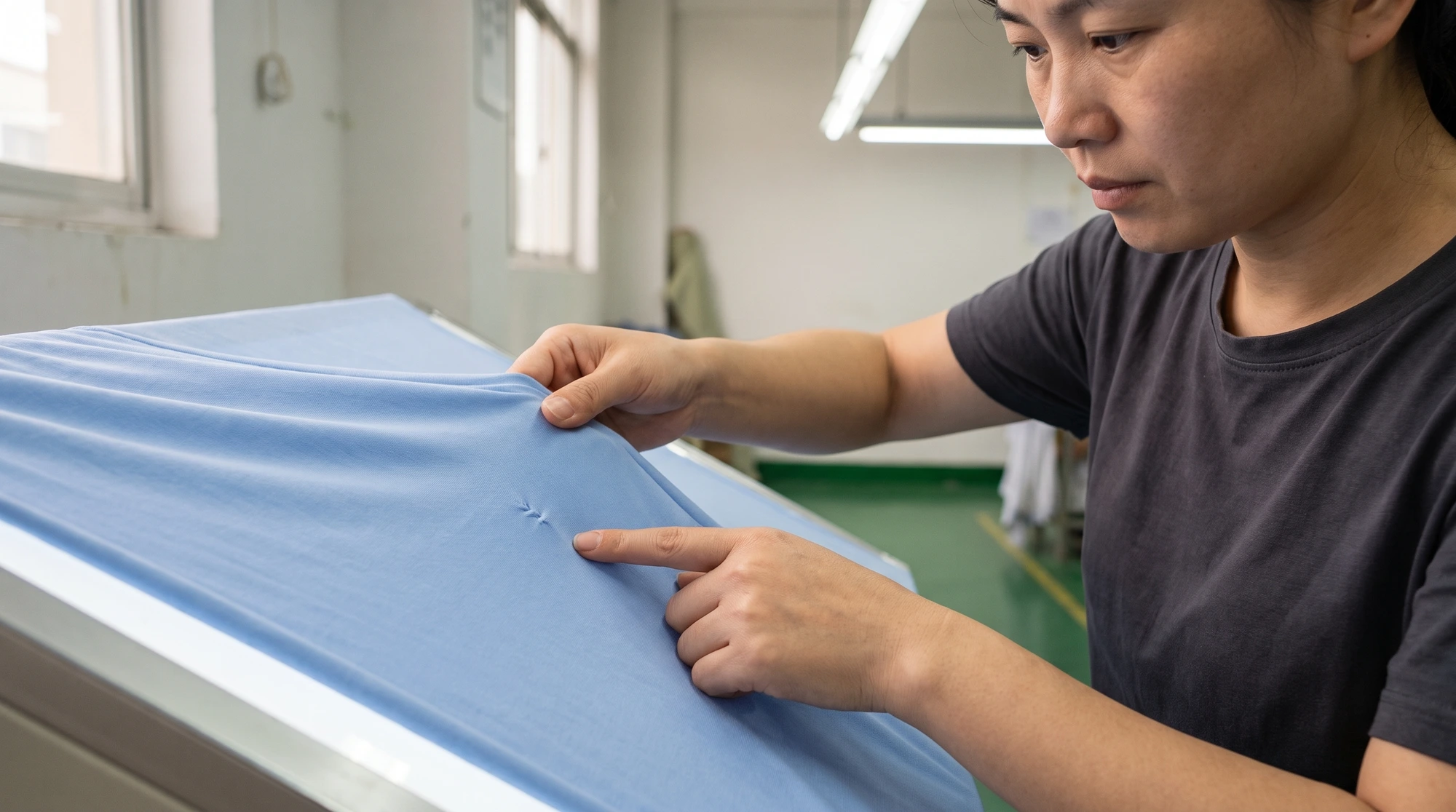Worker closely checking lightweight performance fabric for a small yarn defect at an illuminated inspection station