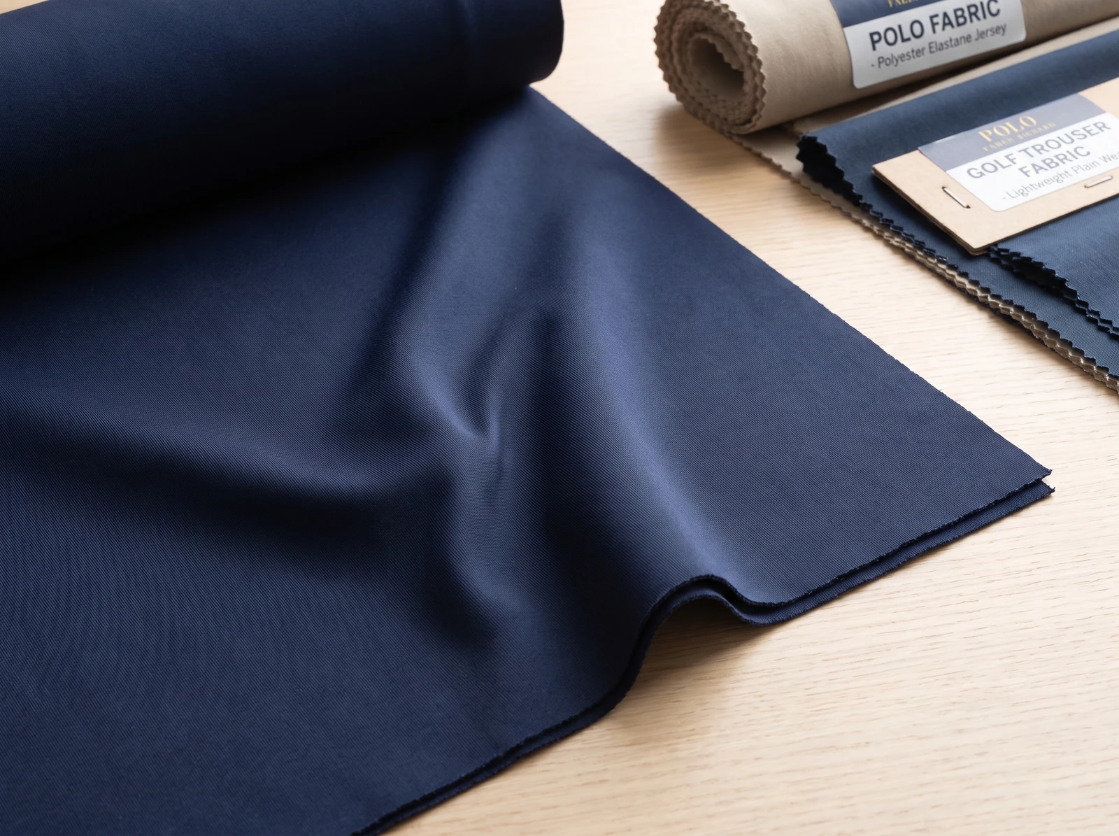 Smooth fine polyester-elastane single jersey with soft drape for golf polos
