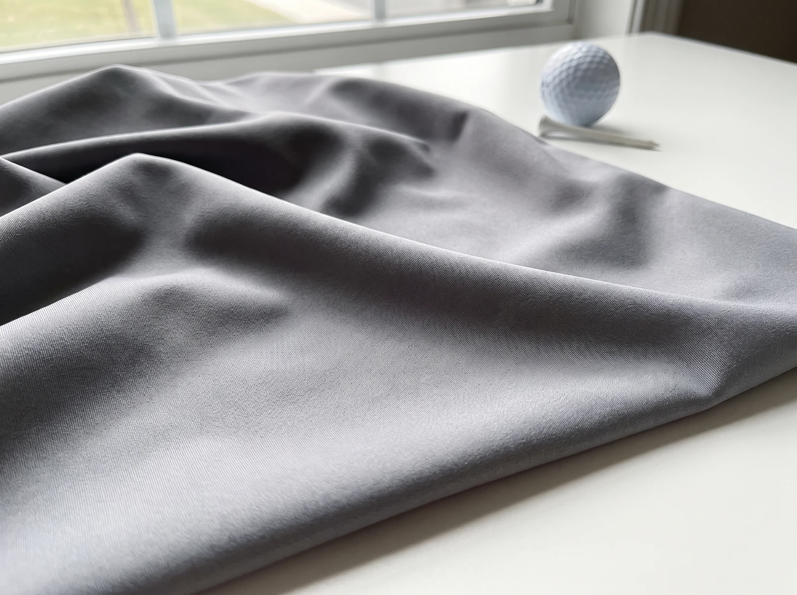 Fine grey polyester-elastane plain-weave fabric with lightweight drape for golf trousers